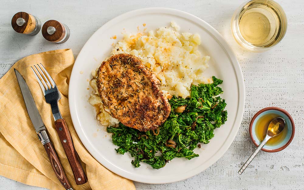 Crusted Chicken & Apple Cider Sauce with mashed potatoes and Montreal-spiced kale,