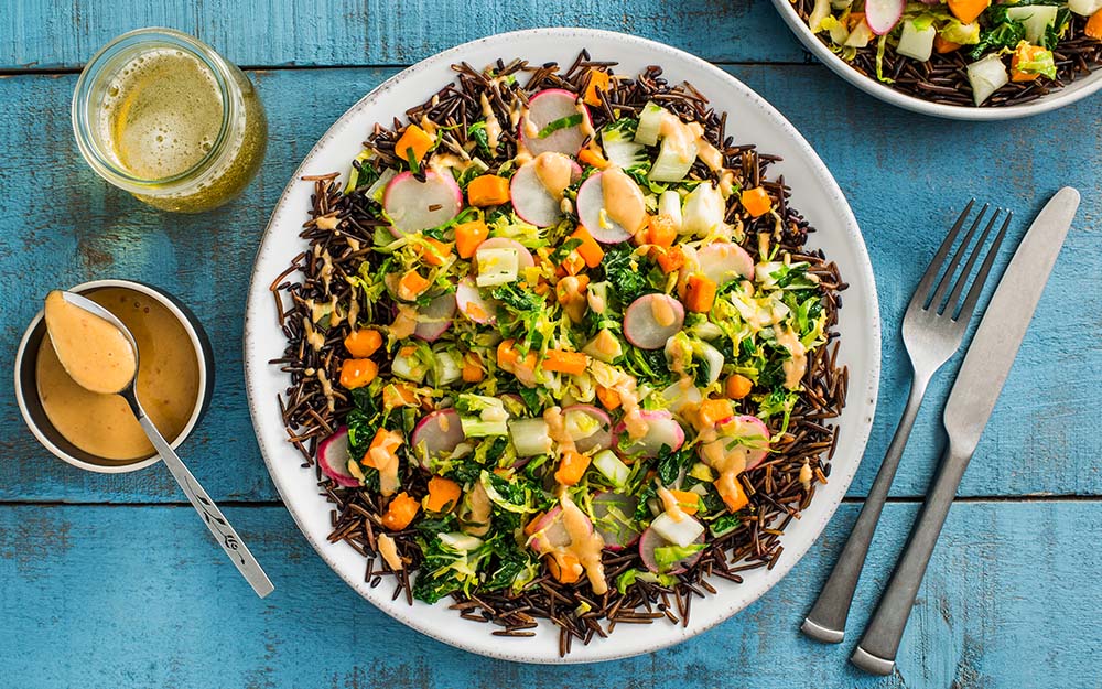 Wild Rice & Creamy Miso Stir-fry with bok choy, sweet potatoes and Brussels sprouts,