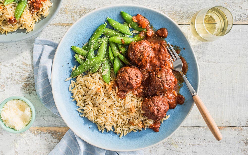 Beef Meatball Marinara & Parmesan Orzo with crispy snap peas,