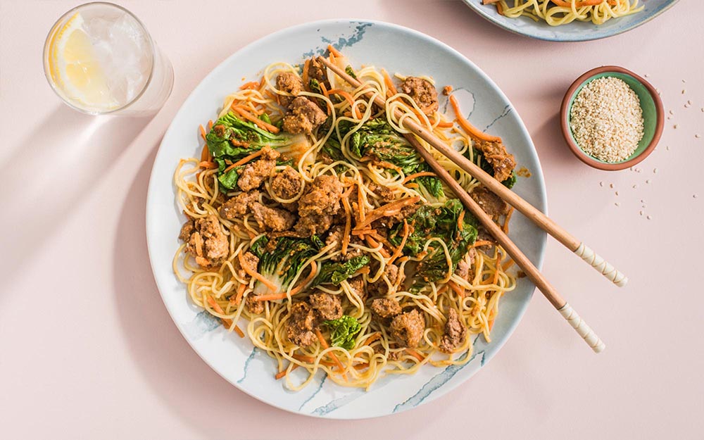 Chicken Dan Dan Noodles with sriracha peanut sauce,