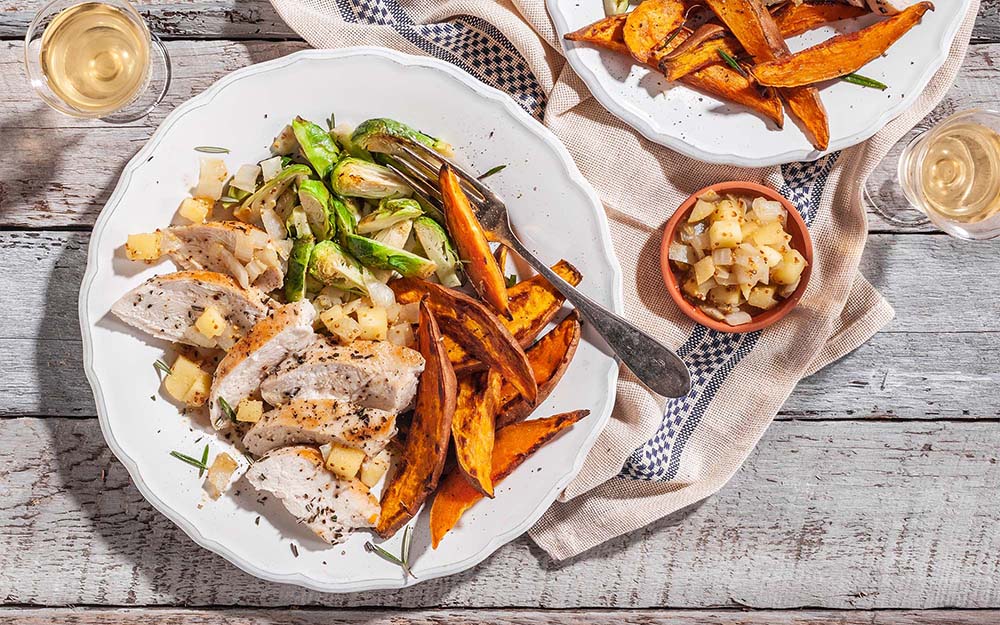 Rosemary Chicken & Apple Chutney with roasted sweet potatoes and Brussels sprouts,