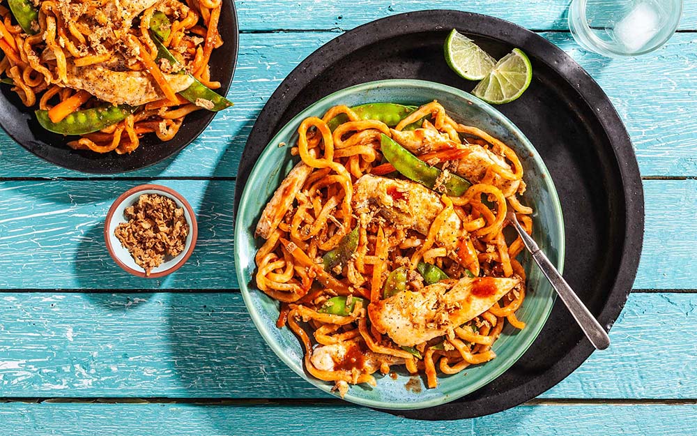 Ssamjang Chicken with udon noodles, snow peas & lime,