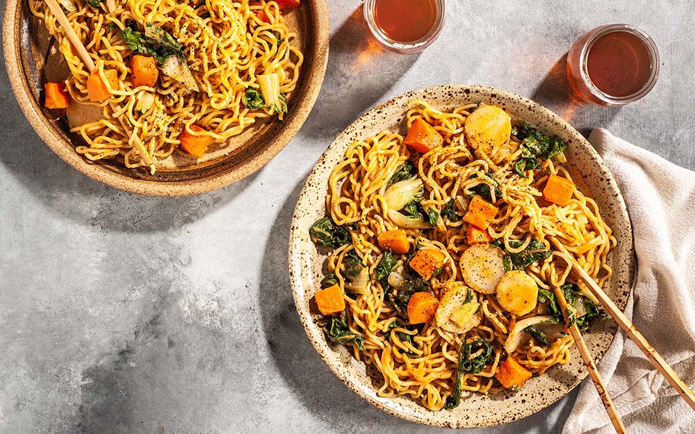 Red Curry Ramen with roasted sweet potatoes and creamy peanut sauce,