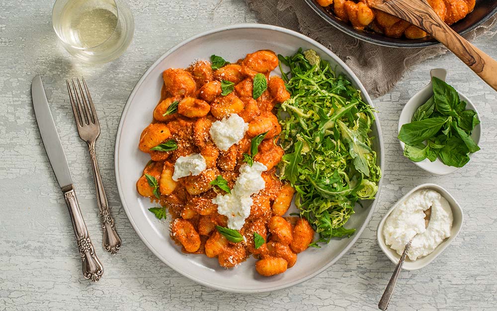 Balsamic Marinara & Ricotta Gnocchi with a Brussels sprout and arugula salad,
