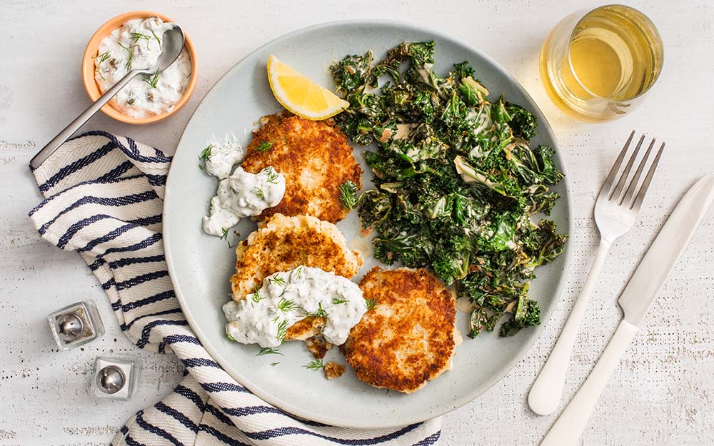 English Fish & Potato Cakes with creamed kale, capers and lemon-dill sauce, Comfort Food