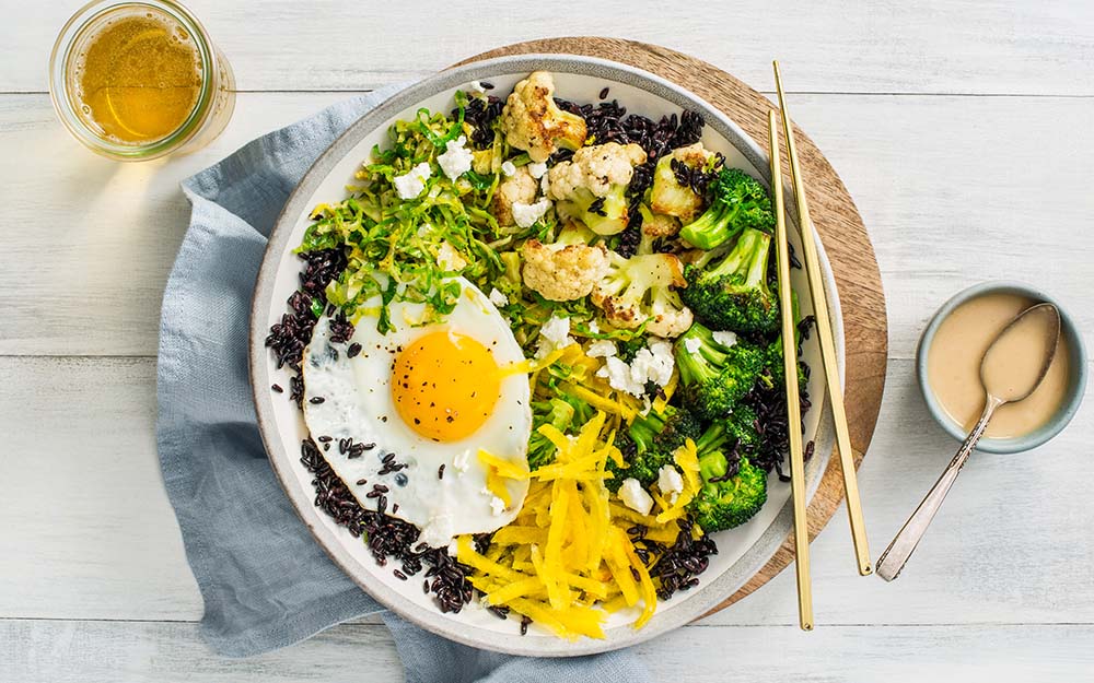 Forbidden Rice & Goat Cheese Brassica Bowl with broccoli, golden beets and creamy miso dressing,