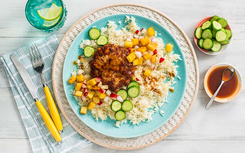 Hawaiian Pork Loco Moco with pineapple salsa, jasmine rice and teriyaki glaze,
