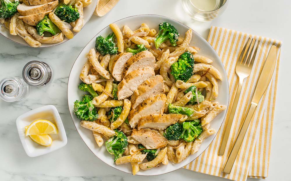 Lemon Chicken Pasta with broccoli and fresh penne pasta,