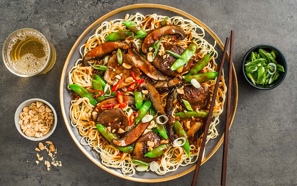 Shiitake Mushroom Chow Mein with doenjang, snap peas and roasted peanuts,
